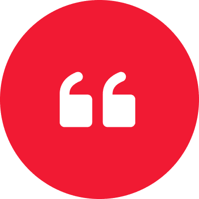 White quotation marks on red circle background.