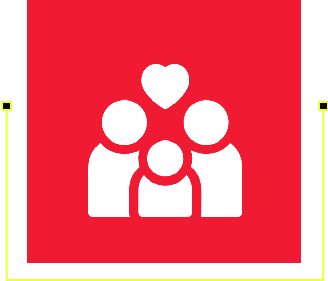 Family icon with heart on red background.
