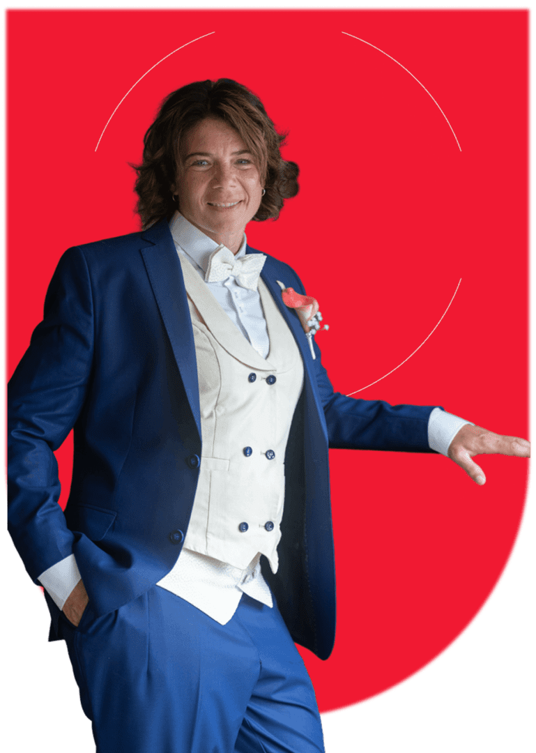Man in suit with red background.